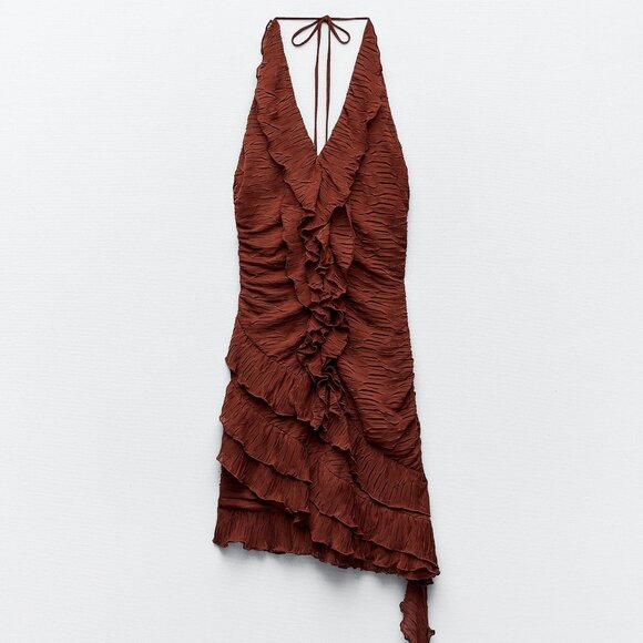 Zara Rust Brown Ruffled Mini Dress - Picture 2 of 8